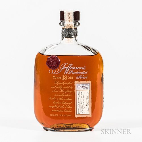Jefferson's Presidential Select 18 Years Old 1991, 1 750ml bottle Spirits cannot be shipped. Please see http://bit.ly/sk-spirits for..
