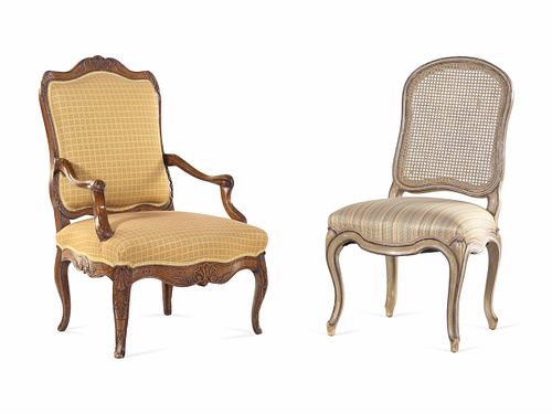 A Louis XV Style Painted Side Chair and a Regence Style Oak Fauteuil