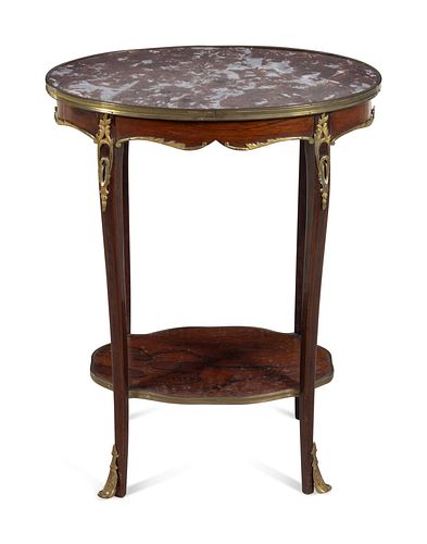 A Louis XV Style Gilt Bronze Mounted Rosewood Marble-Top Side Table