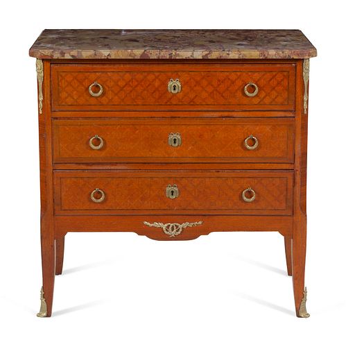 A Louis XV/XVI Transitional Style Gilt Bronze Mounted Parquetry Breche d'Alep Marble-Top Commode