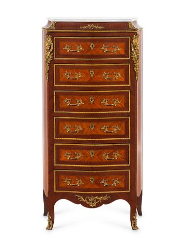 A Napoleon III Style Gilt Bronze Mounted Marble-Top Tall Chest of Drawers