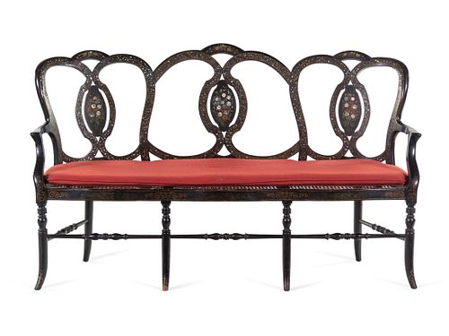 A French Painted and Mother-of-Pearl Inlaid Black Painted Hall Bench