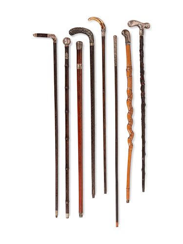 A Collection of Eight Silver and Silvered Metal Canes and Walking Sticks