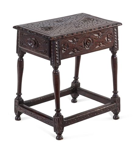 A William and Mary Carved Oak One-Drawer Stool