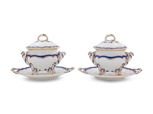 A Pair of Minton Painted and Parcel Gilt Porcelain Covered Sauce Tureens with Underplates