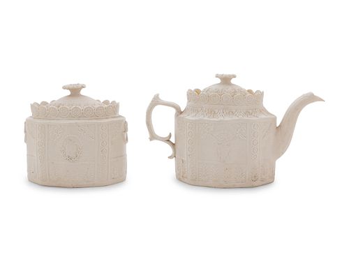 An English Stoneware Teapot and Covered Sugar