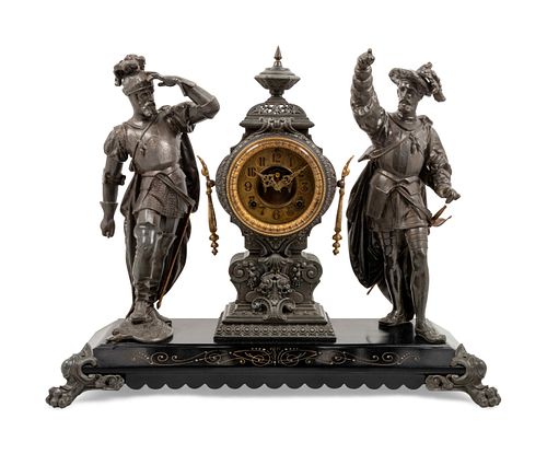 An Ansonia Pizarro & Cortez Silvered-Metal Mantel Clock