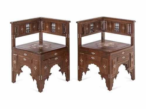A Pair of Syrian Mother-of-Pearl Inlaid Walnut Corner Chairs