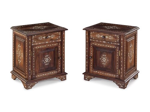 A Pair of Syrian Mother-of-Pearl Carved and Inlaid Walnut Night Stands