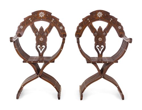 A Pair of Syrian Mother-of-Pearl Inlaid Walnut Savonarola Chairs