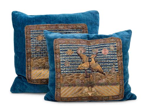A Pair of Chinese Embroidered Rank Badgets Set on Down-Filled Pillows