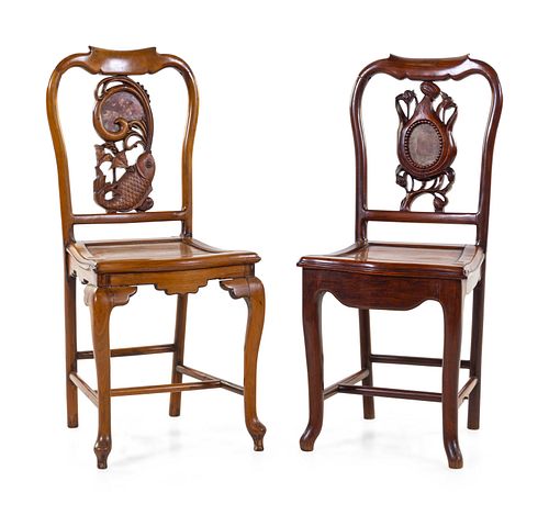 Two Chinese Export Stone Inset Rosewood Chairs