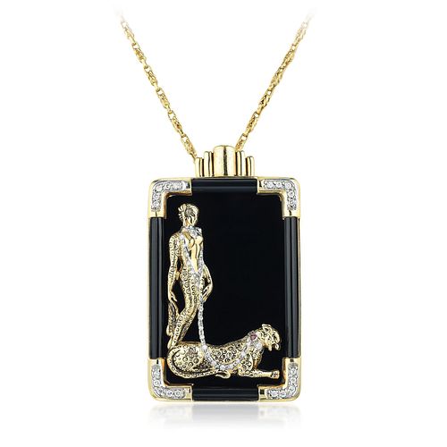 Erte Onyx and Diamond Lady and Leopard Pin/Pendant Necklace