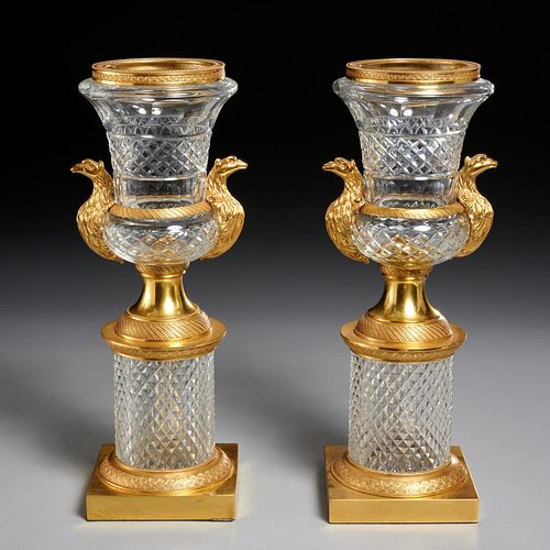 Pair Louis XVI style dore bronze, cut glass urns