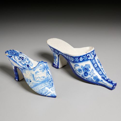 (2) antique Delft blue and white shoe models