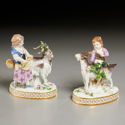 Pair Meissen figures, girl and boy with goats