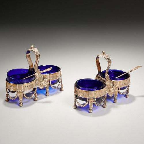 Pair French silver & cobalt glass double salts