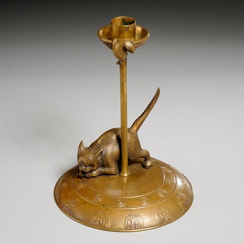 Japanese bronze cat and mouse candlestick