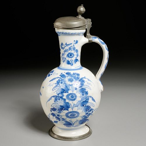 Antique Delft blue and white pewter-mounted jug