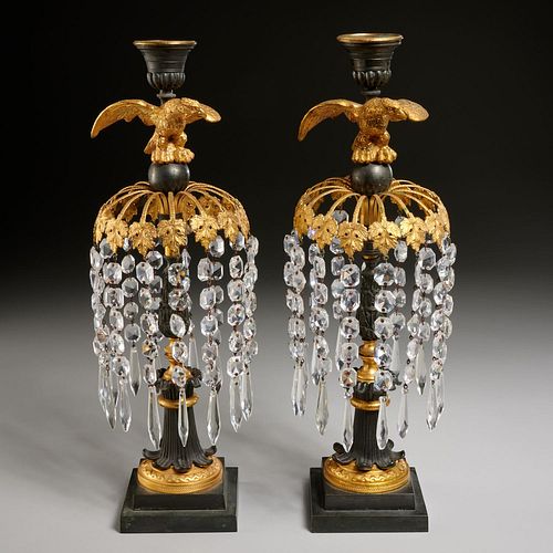 Pair Regency bronze and cut glass candlesticks