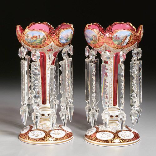 Nice pair Bohemian cased & enameled glass lusters
