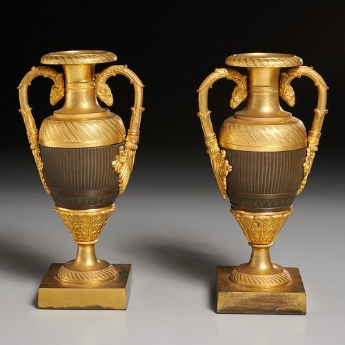 Good pair French parcel gilt bronze urns