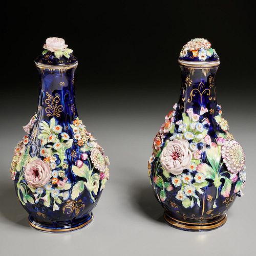 Pair Derby flower encrusted vases and covers