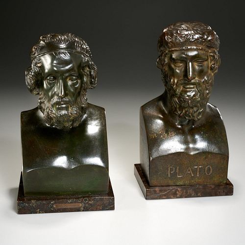 Pair Grand Tour bronze busts, Plato and Homer