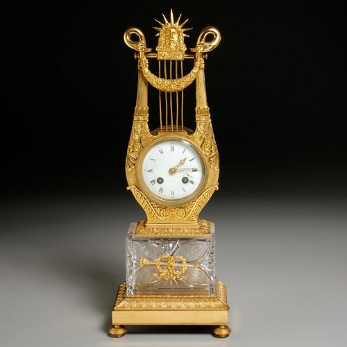 Empire ormolu and crystal lyre-form mantel clock