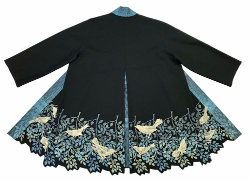 Black coat with birds and a leaf border 
