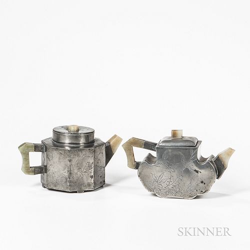 Two Pewter Covered Teapots