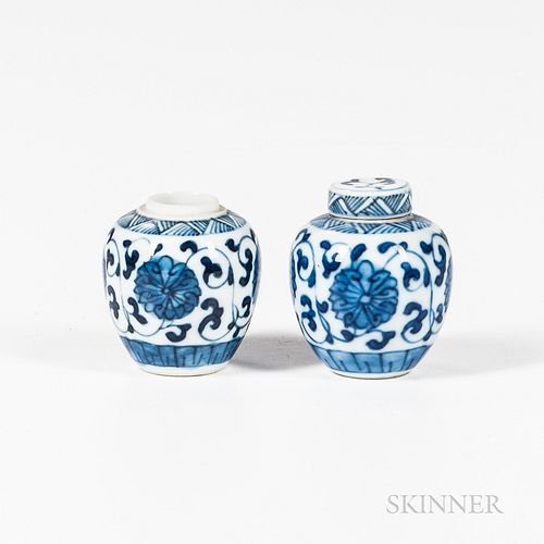 Near Pair of Miniature Blue and White Covered Jars