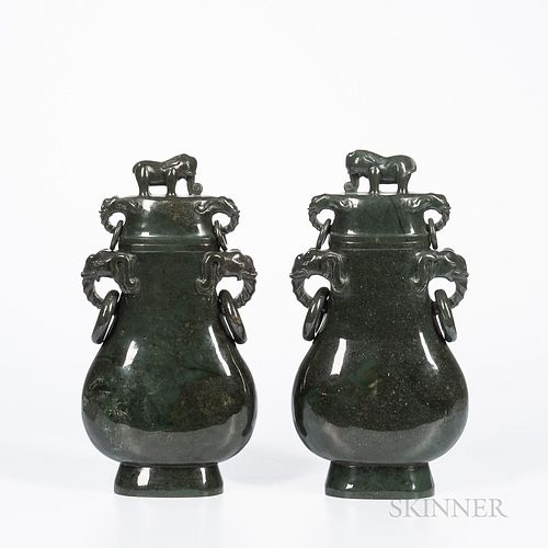 Pair of Carved Hardstone Covered Vases