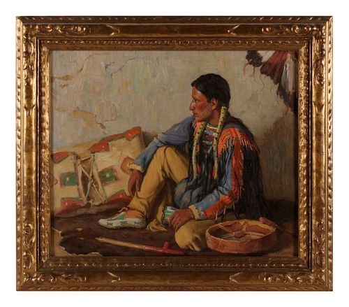 Joseph Henry Sharp 
(American, 1859-1953)
Portrait of Indian with Drum and Pipe