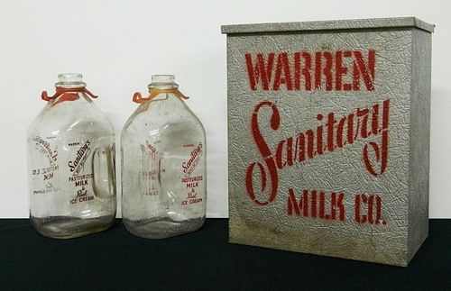 2 Dairy bottles with box - Warren Sanitary Milk