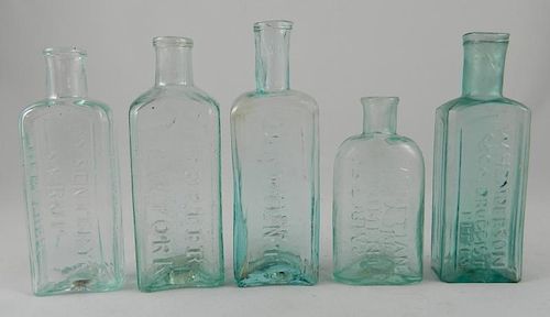 5 Medicine rectangular aqua bottles