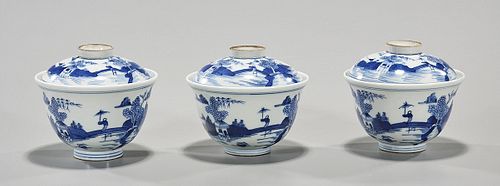 Three Chinese Blue and White Porcelain Tea Cups with Lids