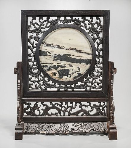 Chinese Dreamstone-Inset Carved Table Screen