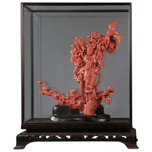Exceptional Chinese Carved Coral Figural Group of a Guanyin Kwan Yin Phoenix