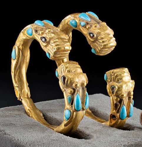 Achaemenid Gold Bracelets w/ Turquoise, Garnets (pr)