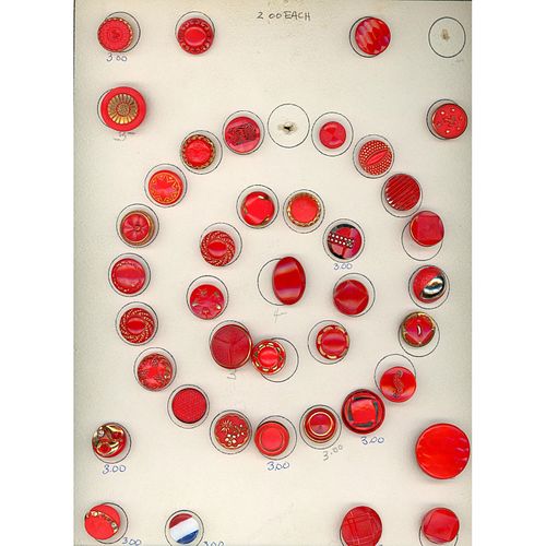 1 Card Plus Of Div 3 West German Red Glass Buttons