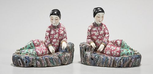 Pair Chinese Enameled Porcelain Beauties
