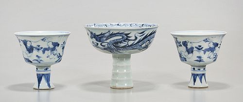Three Chinese Blue and White Porcelain Stem Cups