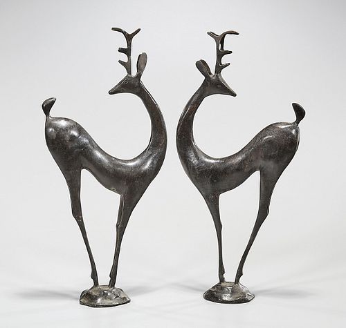 Pair Chinese Bronze Deer