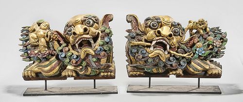 Pair Chinese Gilt Carved Wood Lions
