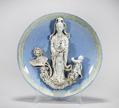 Chinese Glazed Porcelain Plate with Blanc de Chine Guanyin