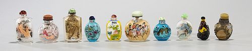Group of Ten Painted Glass & Agate Snuff Bottles