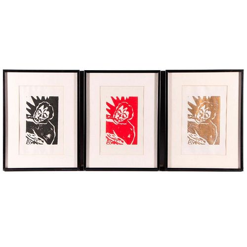 Three framed block prints