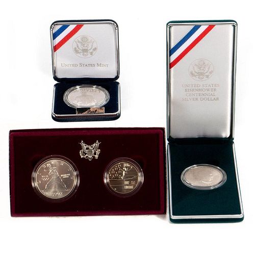 2004 Thomas Edison Silver Dollar, 1992 US Two - Coin Set, 1890 - 1990, Eisenhower Silver Dollar