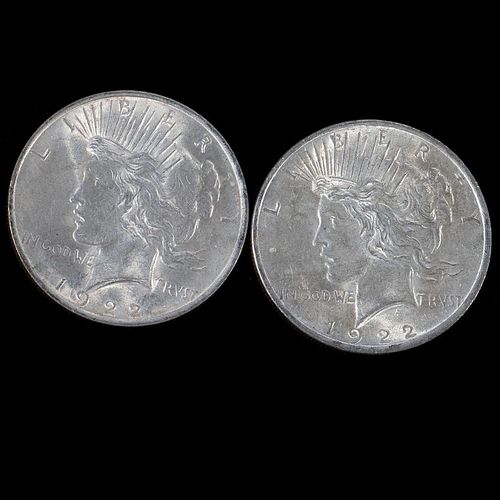 Two 1922 $1 Peace Silver Dollar Coins
